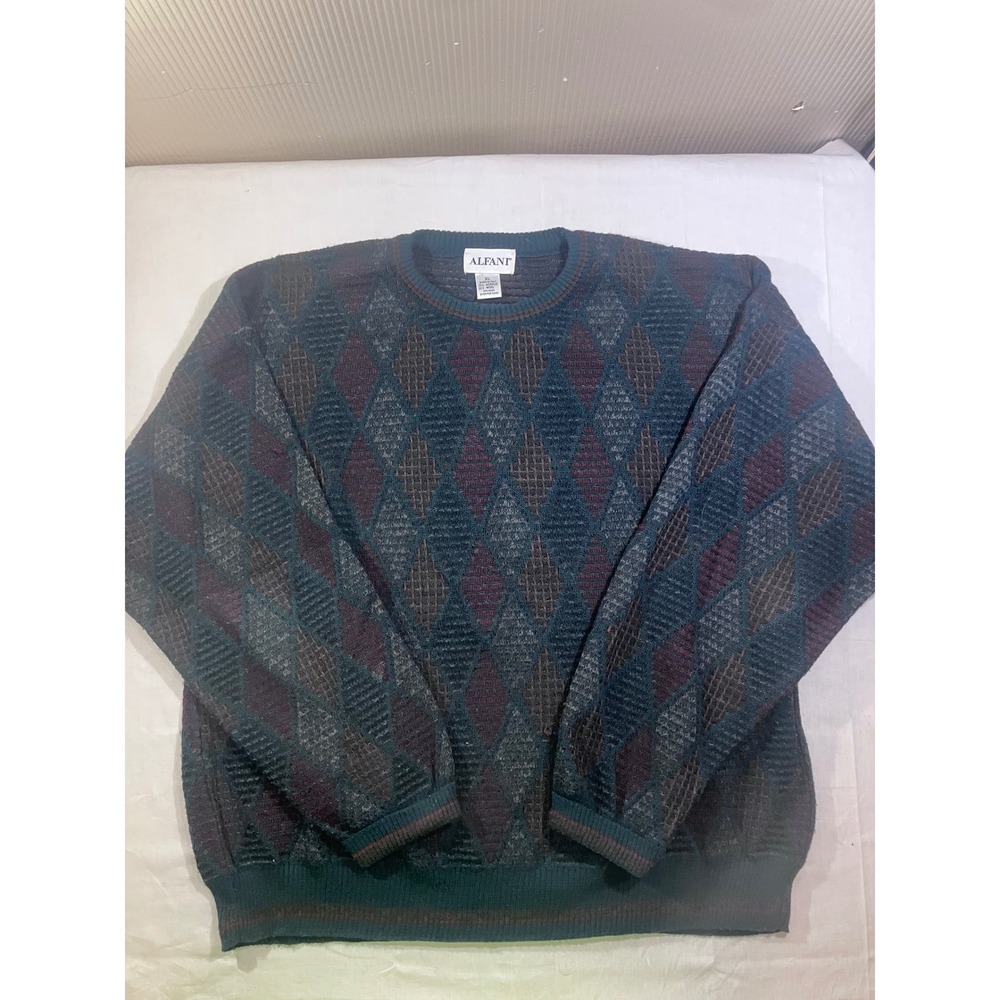 Alfani Mens XL Vintage Made in Italy Wool Blend Geometric Diamond Knit Sweater